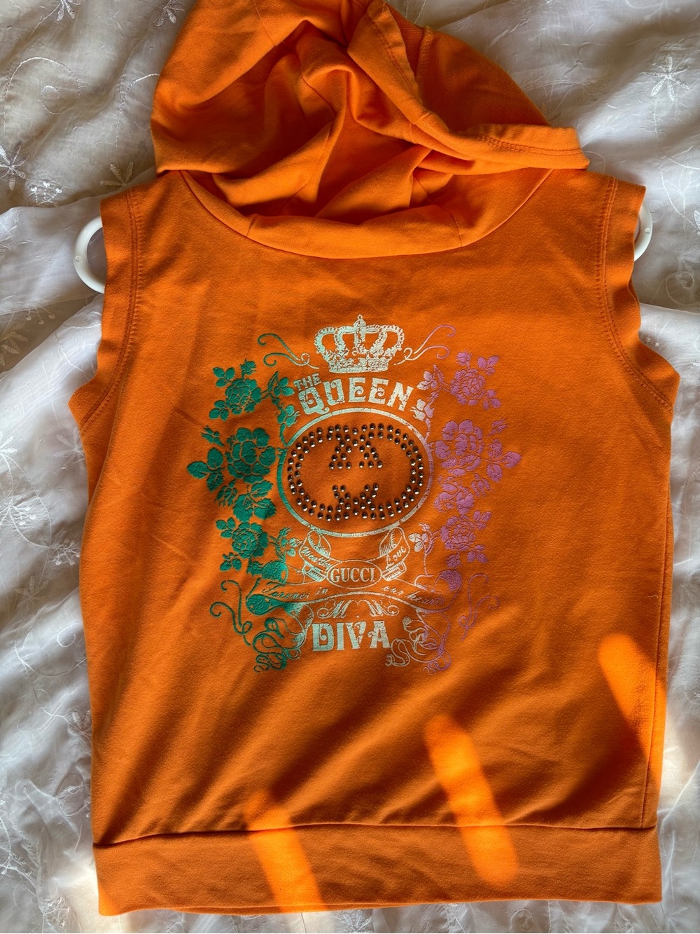 Gucci Orange Sleeveless Hoodie with Metallic Crown & Floral Graphic